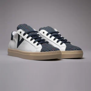 OLYMPIC - Sneakers a suola bassa in pelle Bianca con linguetta in tessuto Pied de Poule