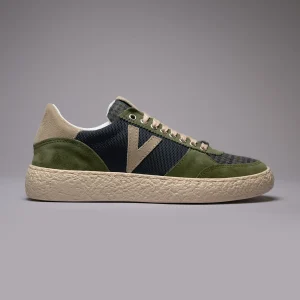 ATENA - Sneakers a suola bassa in pelle scamosciata Verde Militare con inserti in tessuto V2