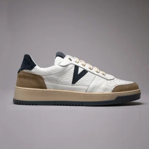 COLLEGE - Sneakers Bianca con inserti e suola Bicolor Blu e Sabbia