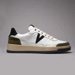 COLLEGE - Sneakers Bianca con inserti e suola Bicolor Nero e Verde Militare