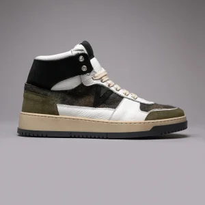 COLLEGE HIGH - Sneakers Alte Bicolor Nero e Verde Militare con inserti in tessuto V2