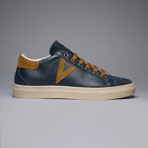 OLYMPIC - Sneakers a suola bassa in pelle martellata Blu con retro e inserto Cuoio