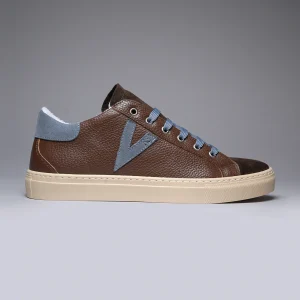 OLYMPIC - Sneakers a suola bassa in pelle martellata Moro con retro e inserto Jeans