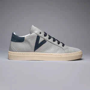 OLYMPIC - Sneakers a suola bassa in pelle martellata Grigia con retro e inserto Blu