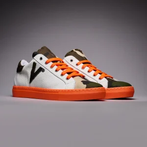 OLYMPIC RAINBOW - Sneakers a suola bassa Bianca con suola e lacci Arancio Fluo e linguetta in tessuto Camouflage