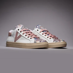 OLYMPIC - Sneakers a suola bassa in pelle Bianca con inserti Rosa Cipria e linguetta in tessuto V2