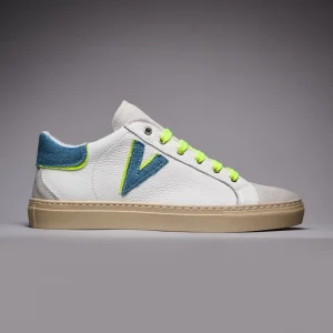 OLYMPIC V - Sneakers a suola bassa in pelle martellata con inserto e retro Bicolor Jeans e Giallo Fluo