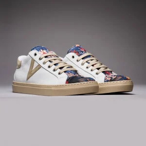 OLYMPIC - Sneakers a suola bassa in pelle Bianca con inserti Sabbia e linguetta in tessuto V2