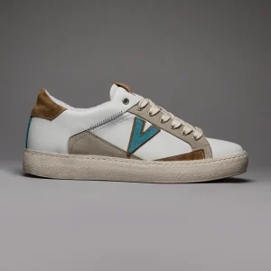 PABLITO - Sneakers con inserti in pelle Cuoio Sabbia e Azzurro e Ricami