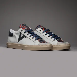 OLYMPIC - Sneakers a suola bassa in pelle Bianca retro e inserto Jeans con linguetta in tessuto Cachemire Blu