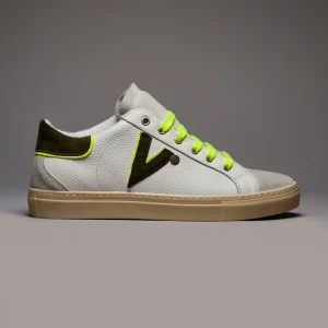 OLYMPIC V - Sneakers a suola bassa in pelle martellata con inserto e retro Bicolor Verde Militare e Giallo Fluo