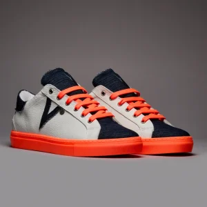 OLYMPIC RAINBOW - Sneakers a suola bassa Bianca con suola e lacci Arancio Fluo e linguetta in tessuto Denim