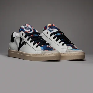 OLYMPIC - Sneakers a suola bassa in pelle Bianca retro e inserto Blu con linguetta in tessuto Tropical