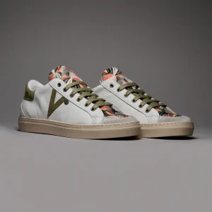 OLYMPIC - Sneakers a suola bassa in pelle Bianca retro e inserto Pesto con linguetta in tessuto Tropical Verde