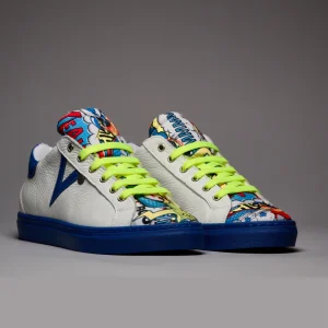 OLYMPIC RAINBOW - Sneakers a suola bassa Bianca con suola Blu Royal e lacci Giallo Fluo e linguetta in tessuto Comics