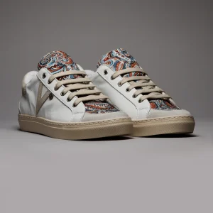 OLYMPIC - Sneakers a suola bassa in pelle Bianca retro e inserto Sabbia con linguetta in tessuto Cachemire Panna