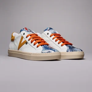 OLYMPIC - Sneakers a suola bassa in pelle Bianca retro e inserto Arancio con linguetta in tessuto Japan Waves