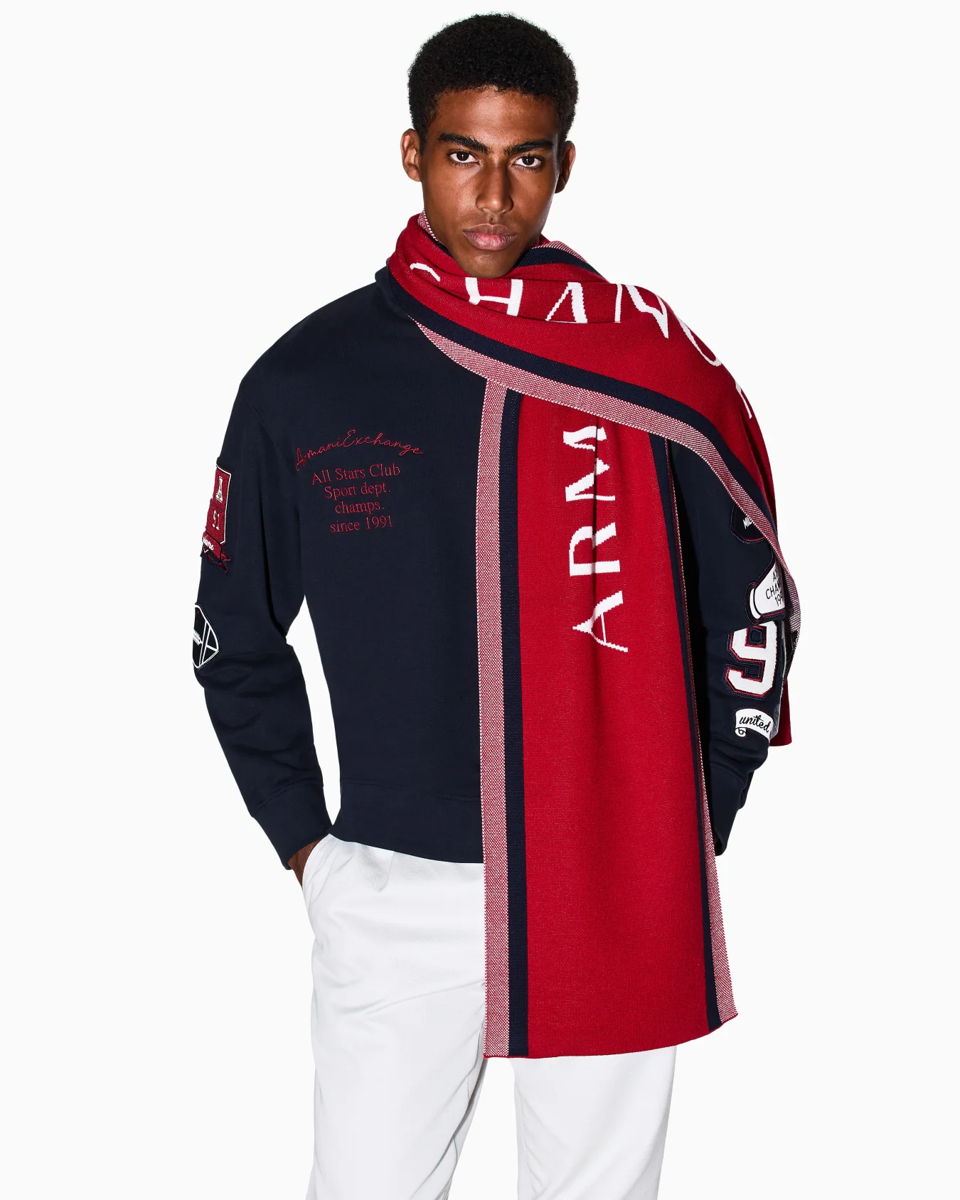 Armani Exchange Sciarpa uomo rosso con bande a contrasto - immagine 4