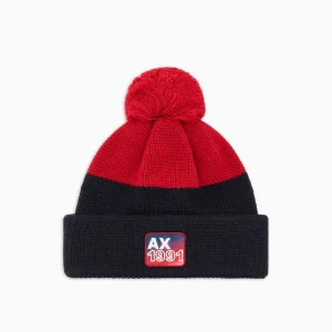 Armani Exchange Berretto blu e rosso in maglia a coste con pompon