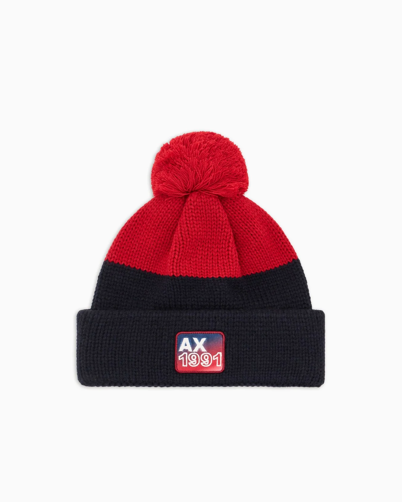 Armani Exchange Berretto blu e rosso in maglia a coste con pompon - immagine 2