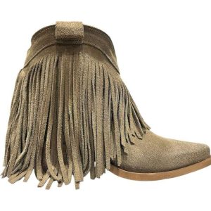 Stivali texani in camoscio con frange color tortora