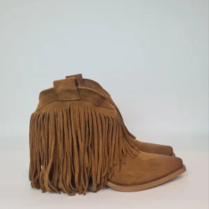 Stivali texani in camoscio con frange color cuoio