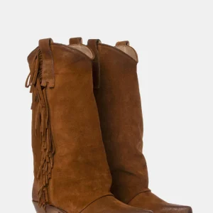 Stivali texani in camoscio con frange color cuoio
