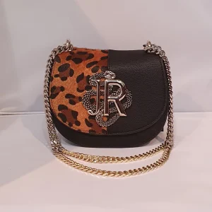 Borsa a tracolla nera Richmond con inserto in pelo maculato e logo