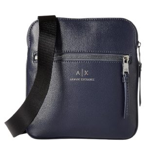 Armani Exchange tracolla flat semi-rigida blu scuro con tasca esterna