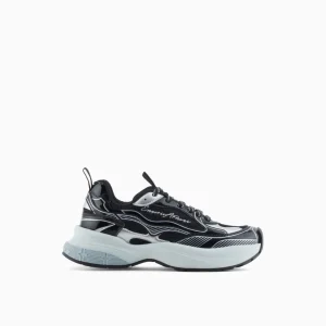 Emporio Armani Sneakers in mesh nere dettagli laminati e logo signature